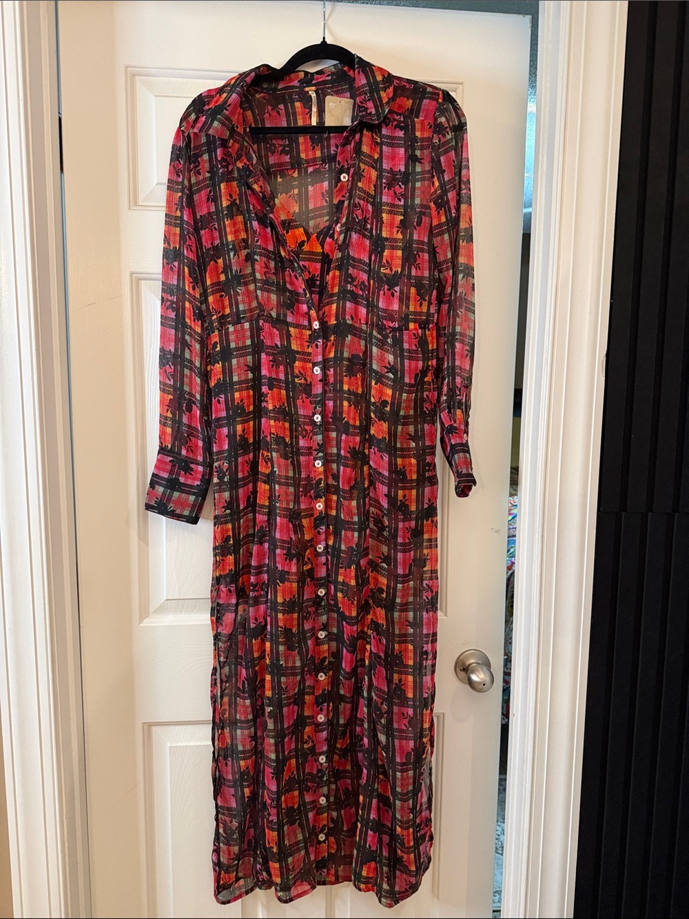 Free People Women's Button-Front Long Shirt Dress in Pink & Black Plaid